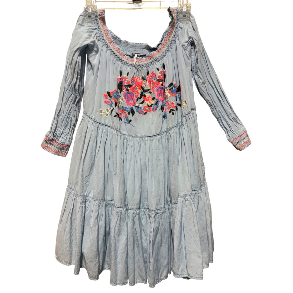 Free People Blue Embroidered Off Shoulder Tiered Mini Dress OB816795 Boho Small